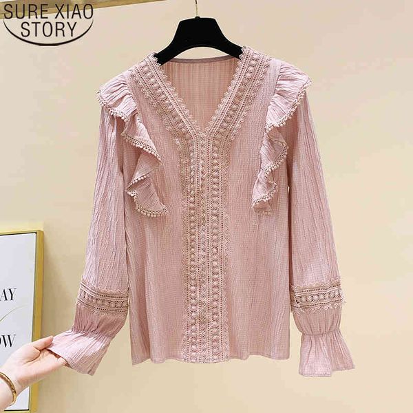 

korean loose v-neck women's vintage shirts long women blouse lace spliced flare sleeve solid 11422 210417, White