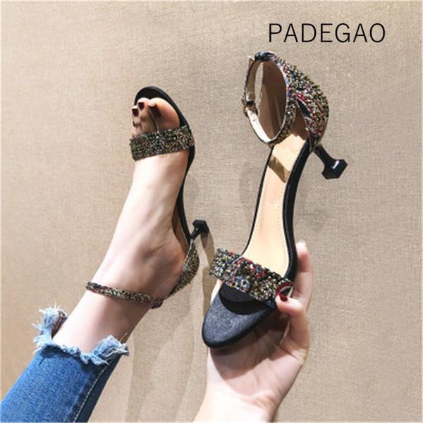 

high heel 2021 women sandals black crystal concise party fashion woman
