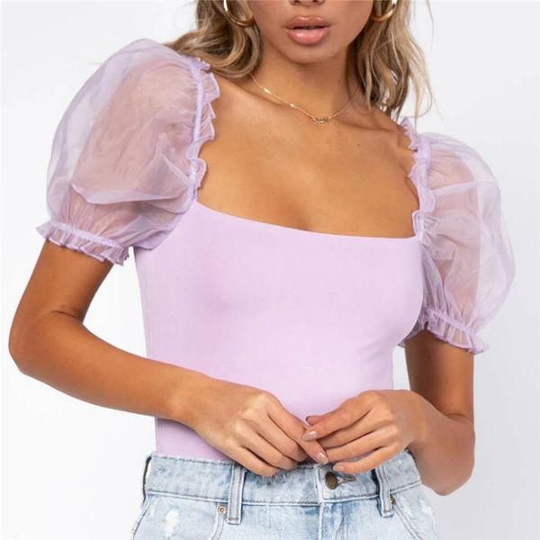 

stylish violet crop blouse see-through sleeve solid square collar lady office shirt casual short blusas 210430, White