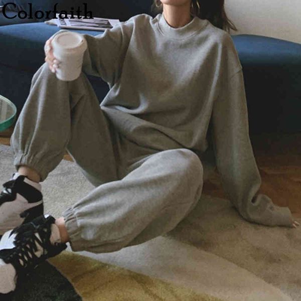 

colorfaith new autumn winter women sets 2 piece outfits matching pants high elastic waist oversize fashion lady suit ws6382 210413, White
