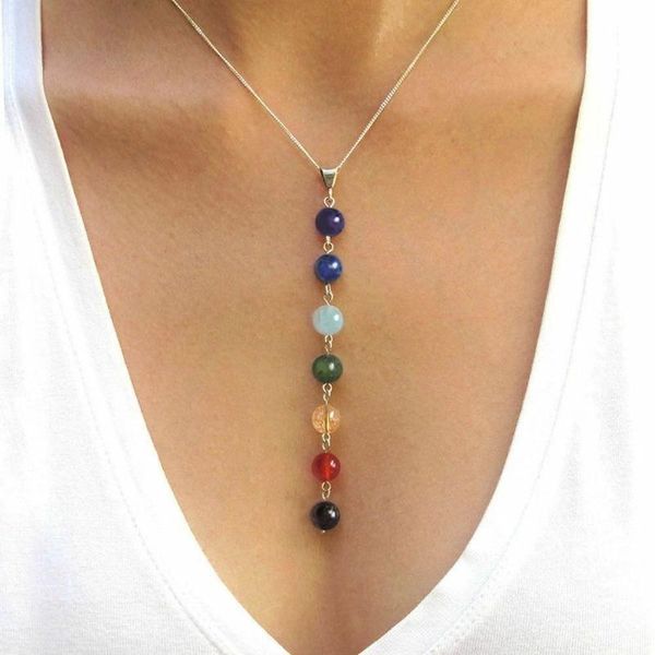 

pendant necklaces 7 chakra gem stone beads necklace women yoga reiki healing balancing maxi bijoux femme jewelry 2021, Silver