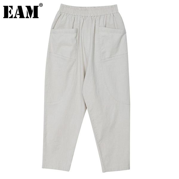 

[eam] high elastic waist black pleated pocket long trousers loose fit pants women fashion tide spring autumn 2021 1dd6647 women's & cap, Black;white