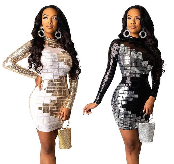 

casual dresses africa lattice noble spring sequin dress europe and america women's long sleeve net gauze white black, Black;gray