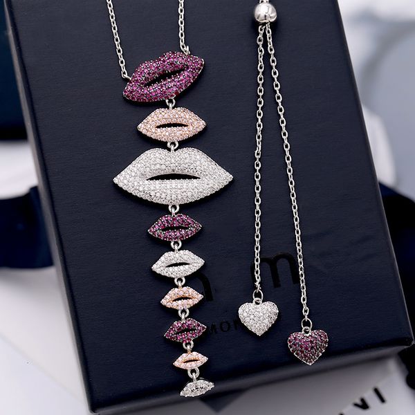 

necklace accessories micro inlaid color zircon multicolor fashion personality pull style clavicle chain sweater lips female, Silver