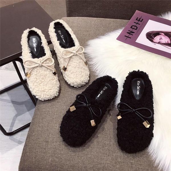 

butterfly-knot low shoes woman 2021 cover toe loafers plush slippers for adults luxury slides pantofle fur designer pu, Black