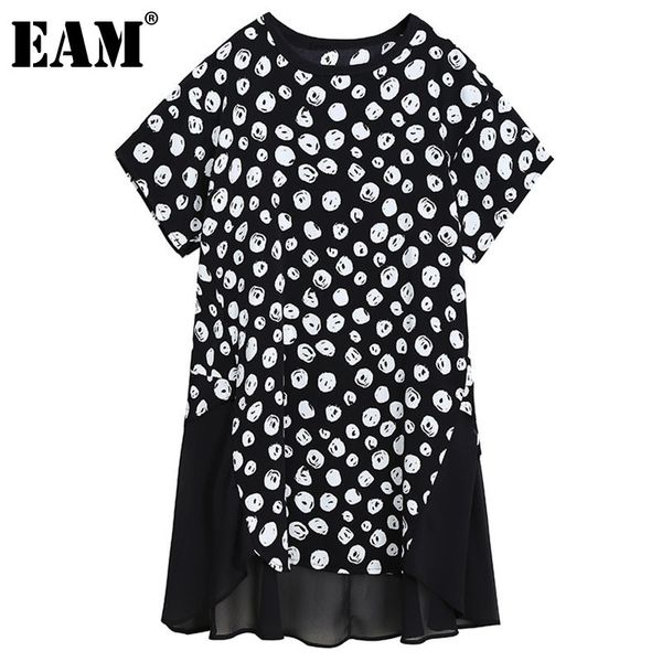

[eam] women big size irregular chiffon dot printed dress round neck short sleeve loose fit fashion summer 1dd7586 210512, Black;gray