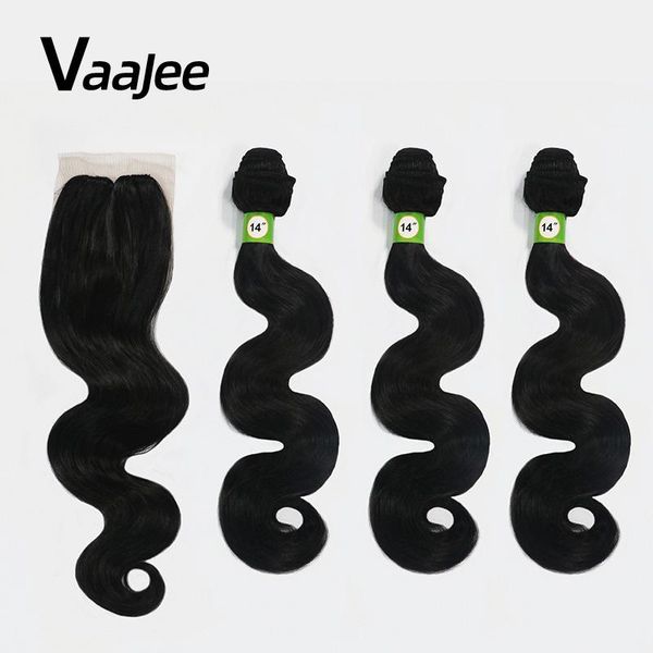 

human ponytails vaajee synthetic hair weave with lace closure black 14"16" 4pcs/lot afro kinky body wave bundles extension