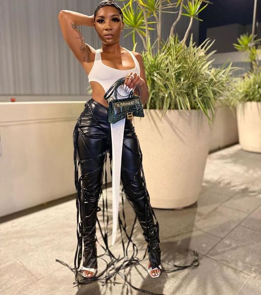 

capris High-quality ladies party plutonium leather club High-waisted women's fashionable waistbands Girl's pencils pants, Black;white