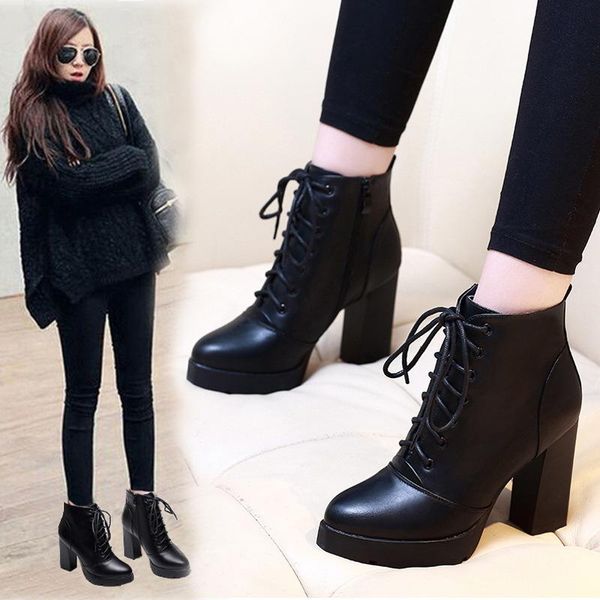 

boots high heel short lace and waterproof thick, Black