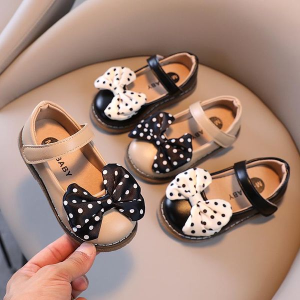 

flat shoes kids girl pu leather girls cute dots bow princess toddler student party flats sandals children fashion sweet, Black;grey