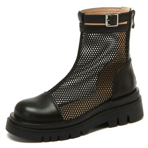 

round toe shoes woman platform chunky heels ankle boots female genuine leather summer spring working basic, Black