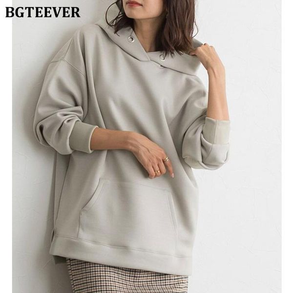 

women's hoodies & sweatshirts bgteever casual hooded women long sleeve pocket side split loose female pullovers 2021 autumn winter jump, Black