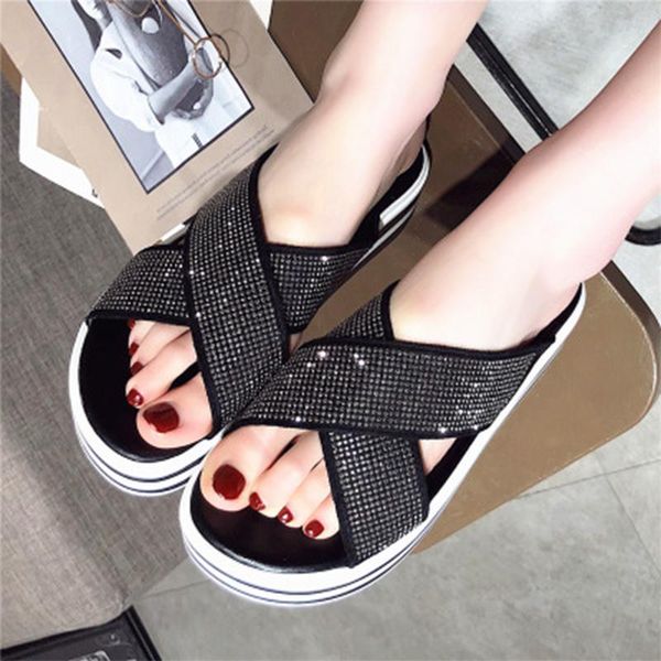 

slippers ladies casual beach shoes women falts platform female 2021 summer woman crystal cross slides women's solid footwear, Black
