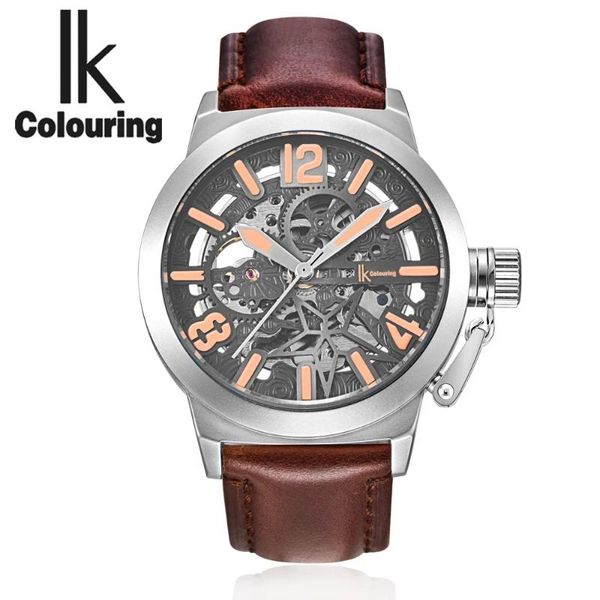 

wristwatches reloj hombre ik colouring mens automatic mechanical watch skeleton silver grey dial orange numerals brown leather strap hf150, Slivery;brown