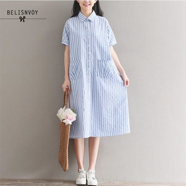 Mori Girl Plus Size Sommer Damen Midi-Hemdkleid Turn-Down-Kragen Blau kariert Übergroße Baumwolle Leinen Vintage Elegant 210520