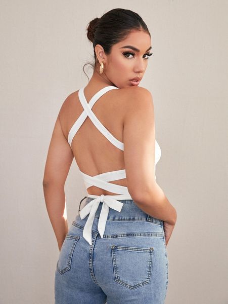 

crisscross tie backless rib-knit cami c1nr#, White