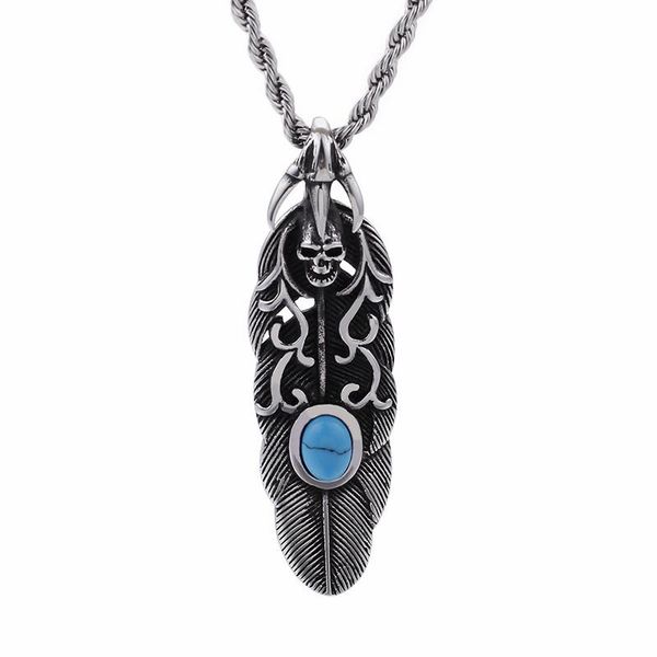 

pendant necklaces punk feather skull necklace for men blue stone & stainless steel 50cm 55cm 60cm chain gothic jewelry, Silver