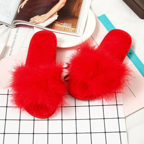 

slippers summer women ostrich feather fluffy faux fur slides flat home flip flops fuzzy multiple color party shoes sy423, Black