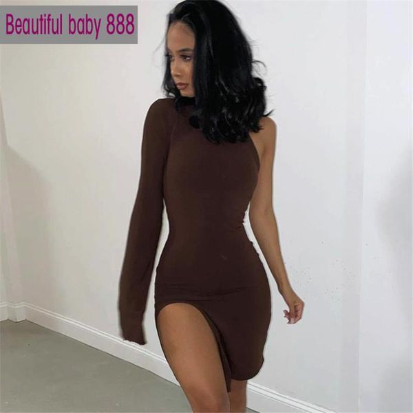 

casual dresses meqeiss elegant one shoulder long sleeve bodycon party for women autumn side slit skinny clubwear mini dress female, Black;gray