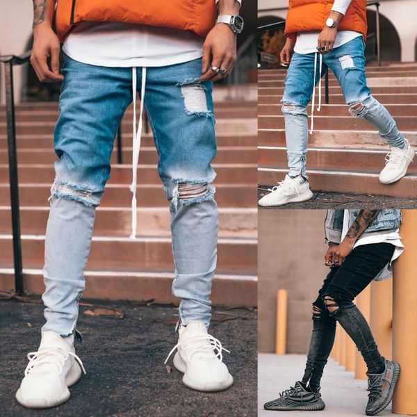 

men hip hop ripped distressed jeans 2021 gradient color denim pant slim fit stretchy trousers zipper pencil hole men's, Blue