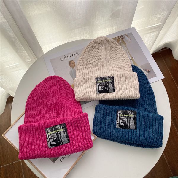 

wool big version autumn cold street brand designer fashion cotton thin winter knitted hat girl, Blue;gray
