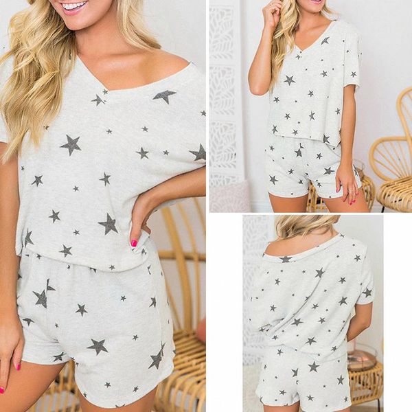 

women's tracksuits stars print short sleeve casual loose sleepwear set white, Gray