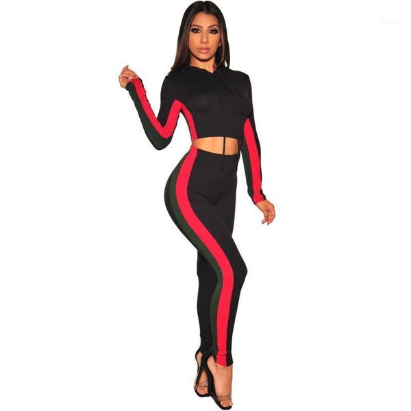 

hooded side striped color patchwork skinny sport 2 piece sets women long sleeve lace up crop pants jumpsuits1, Black;white