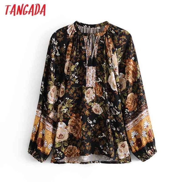 

women retro flowers print oversized shirt blouse bow tie long sleeve chic female 3w25 210416, White
