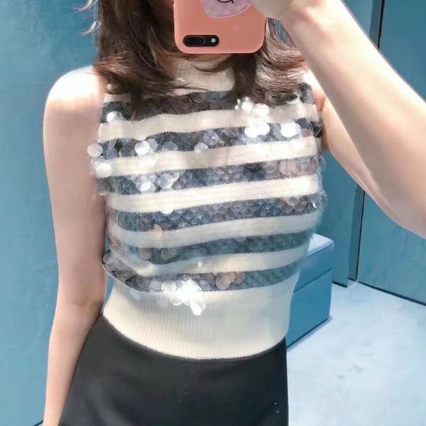 

beginning of autumn artisanal striped short sequins around the sleeveless neck outer vest women's knitted sweater, White;black