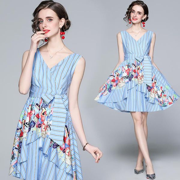 

simgent summer dress 2021 women sleeveless v-neck stripe floral print ruffles dresses sundress vestido de mujer sg13162 casual, Black;gray