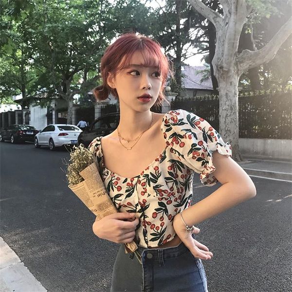 

summer style korean retro square neck bubble sleeve cherry print temperament fashion all-match slim short shirt women's t-shirt, White