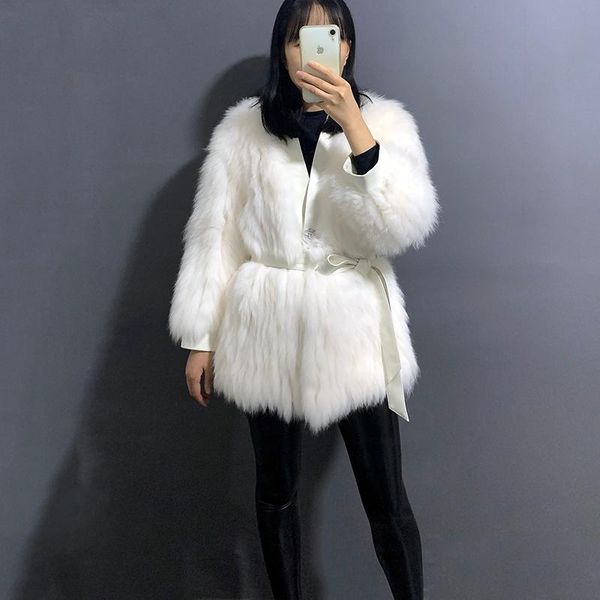 

women's fur & faux rf20137 2021 real white coat with belt bracelet sleeve v neck causal jacket, Black
