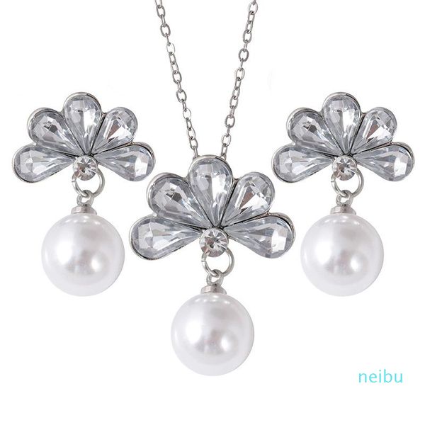 

pearl jewelry sets party engagement wedding jewelry set flower pendants necklaces earrings simulated pearl crystal jewelry set, Silver