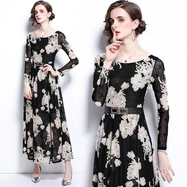 

french dress girl 2021 autumn winter lace embroidery slim waist long a-line skirt, Black;gray