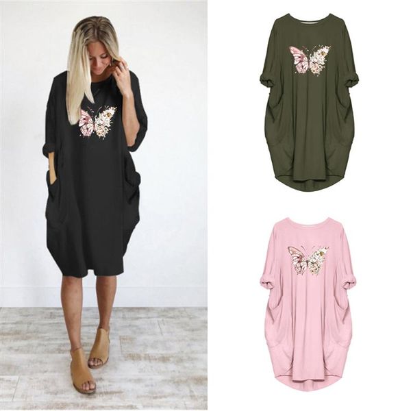 

dress women plus size loose butterfly print with pocket long sleeve o neck party club beach vintage vestidos streetwear casual dresses, Black;gray