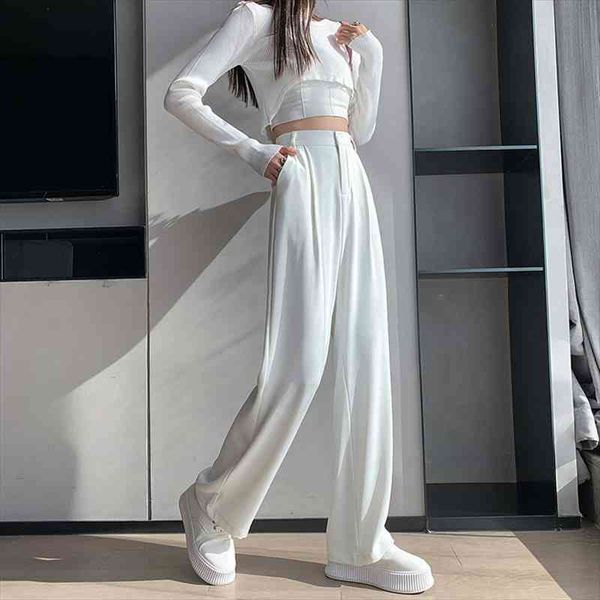 

casual high waist loose wide leg pants for women spring summer loose female floor-length white suits pants ladies trousers, Black;white