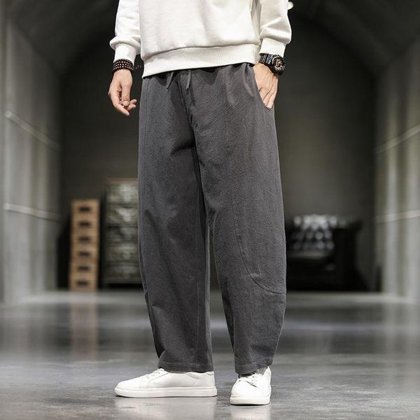 

men's pants mrgb 2021 autumn trend cotton linen casual male loose streetwear solid color harem trousers women fall winter, Black