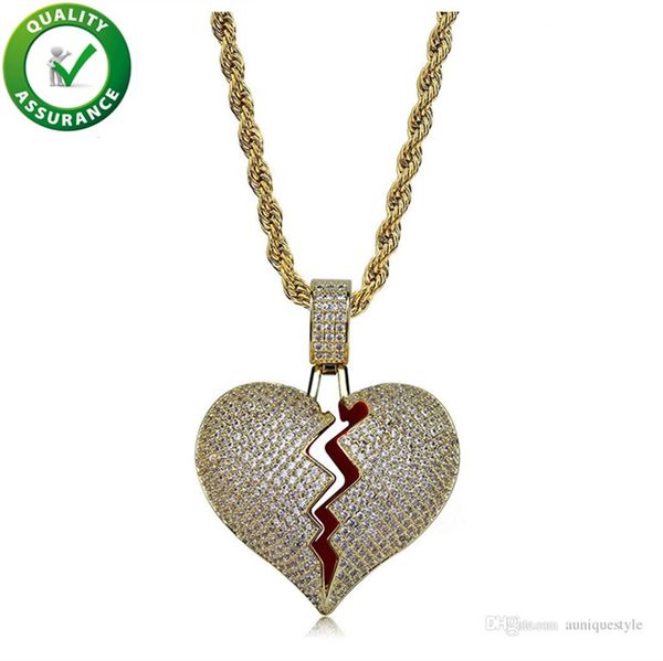 

hip hop jewelry iced out pendant necklace mens gold chain pendants bling diamond luxury fashion solid heart break micro pave cz lover gift, Silver