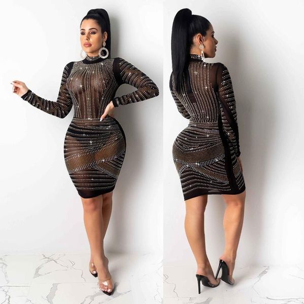 

casual dresses rhinestone party dress women black see through mesh sheer bodycon mini long sleeve elegant festival short club, Black;gray