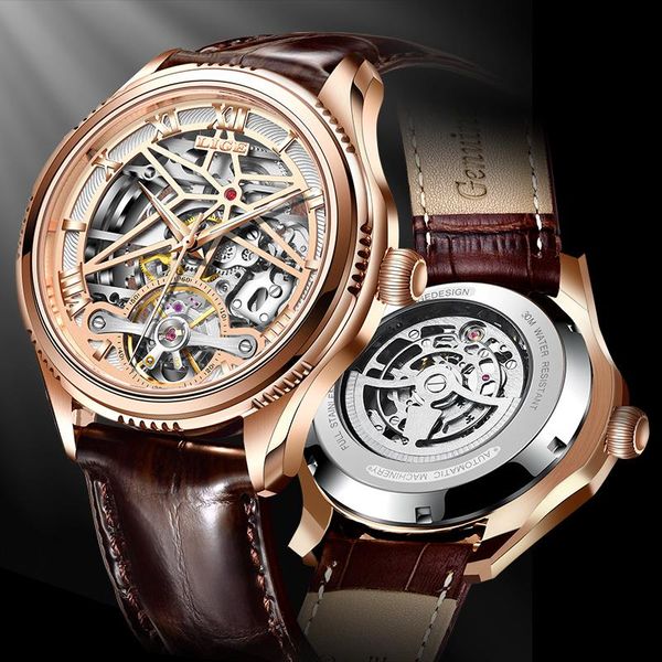 

wristwatches lige mens watches skeleton hollow automatic mechanical wristwatch waterproof tourbillon watch for men relogio masculino, Slivery;brown