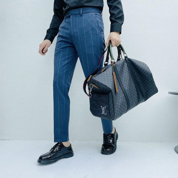 

fashion blue business dress pants men striped office social suit slim fit casual streetwear trousers pantalon homme men's suits & blaze, White;black
