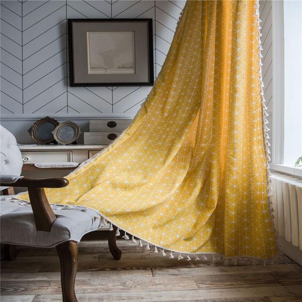 

yellow geometric valance tassel curtains window treatments cotton linen semi-shading warm-style drapes home curtain decor &