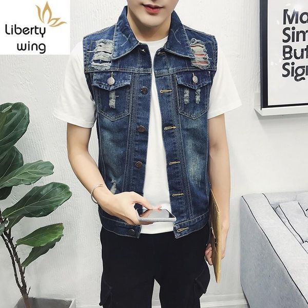

men's vests fashion mens slim fit sleeveless hole ripped denim vest single breasted jeans waistcoat tank jacket outerwear 3xl cowboy, Black;white