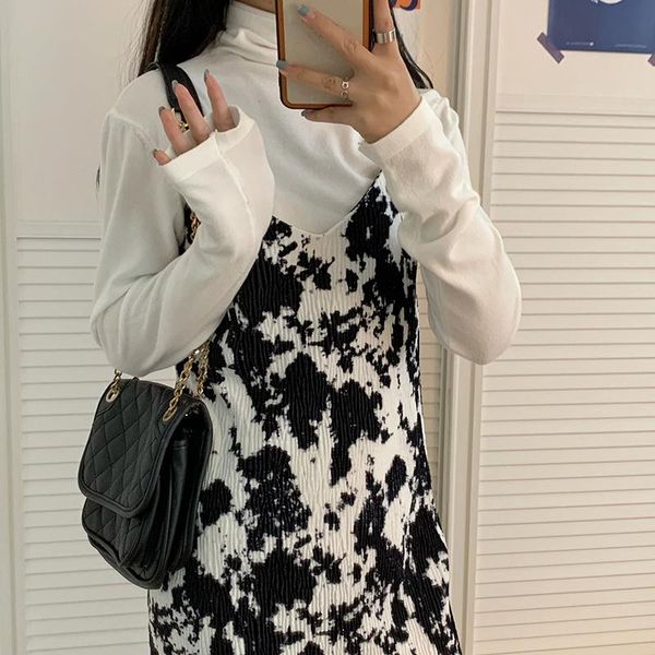 

bazhenova ladies sling dresses women spring 2021 retro tie-dye elegant loose print v-neck gowns woman dress sweet girl r004 casual, Black;gray