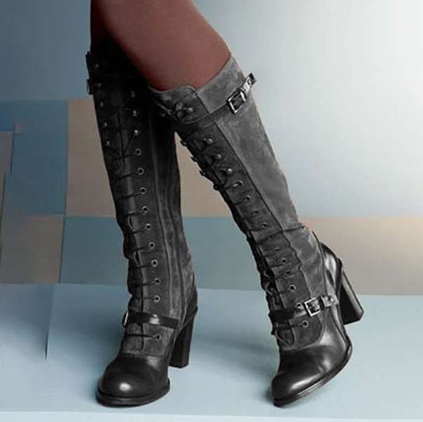 

414243 size foreign trade large size mid-high tube womens boots autumn and winter new chunky heel high heel front lace-up leather boots, Black