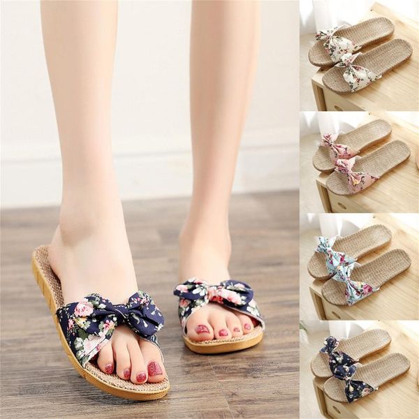 

slippers women's home non-slip fashion women female bowknot flax linen flip flops beach shoes sandals slipper 2021#, Black