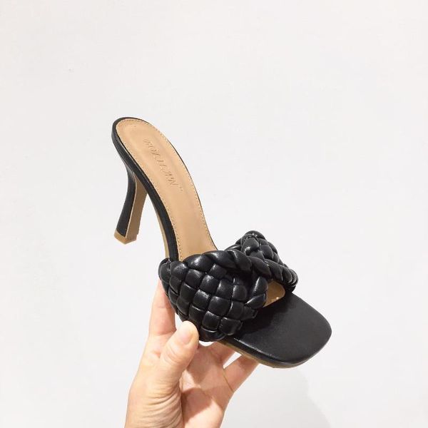 

women slippers fashion pu leather weave female slides outside high heels mules sandals casual summer shoes woman flip flops, Black