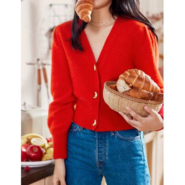 

women's knits & tees women v-neck golden croissant buttons knit sweater 2021 early autumn long sleeve ladies red cardigan outwear top, White