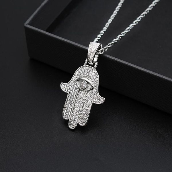 

pendant necklaces iced out hamsa hand fatima palm necklace steel chain gold silver color cubic zircon men hip hop jewelry gift