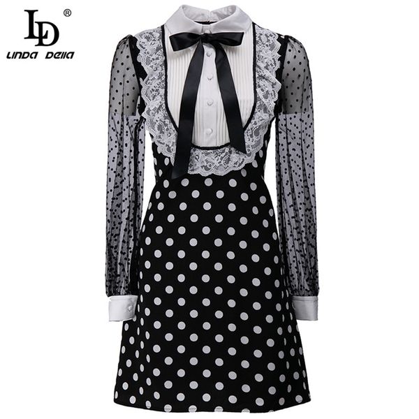 

summer fashion runway designer mini dress women turn-down collar lace patchwork dot print bohemian vacation 210522, Black;gray